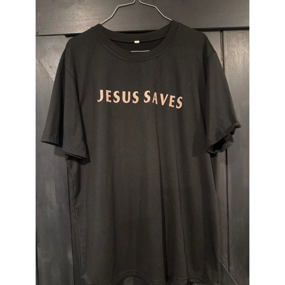 Jesus Saves Graphic T-Shirt Black Short Sleeve Faith Christian Tee Mens Large